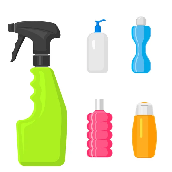 Botol vektor pasokan bahan kimia rumah tangga dan membersihkan pekerjaan rumah deterjen plastik cairan domestik botol cairan pembersih paket ilustrasi . - Stok Vektor