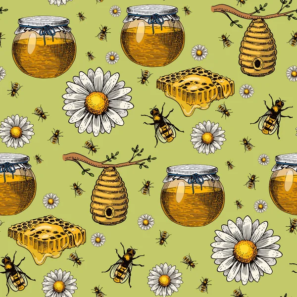 양봉장 꿀벌 벡터 카모마일 손으로 그린 빈티지 꿀 농부 양 봉 그림 자연 제품 완벽 한 패턴 배경 만들기. — 스톡 벡터