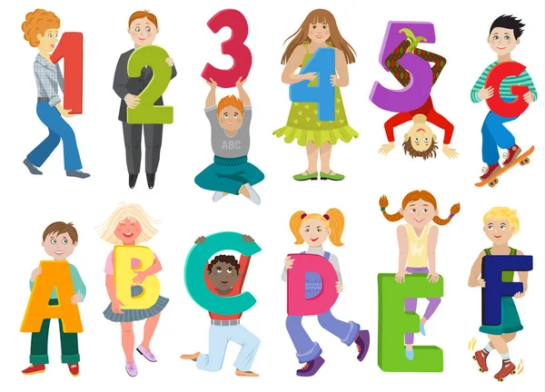 키즈 알파벳 벡터 어린이 만화 글꼴 및 소년 또는 소녀 캐릭터 알파벳 알파벳 문자 또는 숫자 그림을 들고 abc 유치 글자 흰색 배경에 고립의 설정 — 스톡 벡터