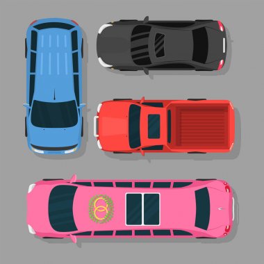 Üstten Görünüm renkli araba oyuncak toplama otomobil taşıma tekerlek ulaşım tasarım otomatik vektör çizim.