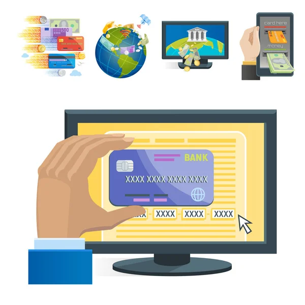 Pagamentos móveis ícones vetor smartphone transação ecommerce carteira conexão sem fio cartão bancário crédito online pagar compras . —  Vetores de Stock