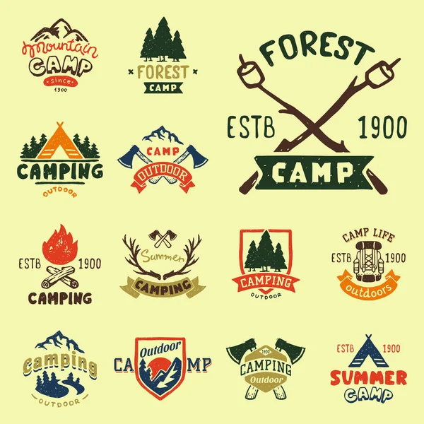 Set of vintage woods camp badges and travel logo hand drawn emblems nature mountain camp outdoor vector illustration. — Stock Vector