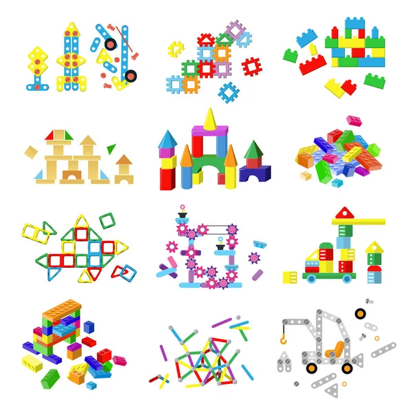 Niños bloques de construcción vector bebé juguete coloridos ladrillos para construir o construir lindo color construcción en sala de niños ilustración conjunto de niños bloques juegos aislados sobre fondo blanco — Vector de stock