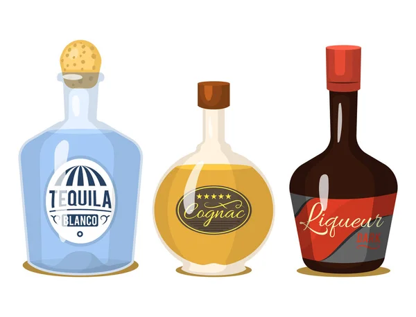 Alcohol bebidas fuertes en botellas copas de dibujos animados whisky coñac brandy vino vector ilustración — Vector de stock