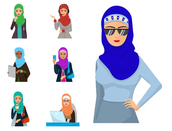 Arabische vrouw volwassen teken Arabische Azië nationaliteit islamitische meisje gezicht in hijab vectorillustratie — Stockvector