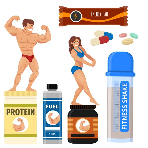Kulturisté gym sportovec a sportovní strava symboly fitness výživa protein prášek nápoj vektorové ilustrace. — Stockový vektor