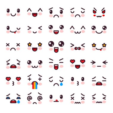 Kawaii çizgi film ifade karakteri farklı duygular ile vektör ve beyaz arka plan üzerinde izole farklı duygusal duygular ifade illüstrasyon duygusal dizi Japon emoji yüz