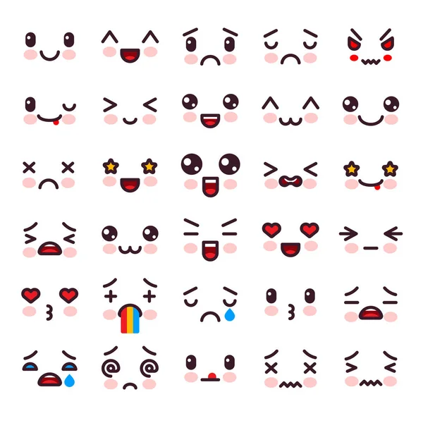Kawaii vector de dibujos animados personaje emoticono con diferentes emociones y expresión facial ilustración emocional conjunto de emoji japonés con diferentes sentimientos emotivos aislados sobre fondo blanco — Archivo Imágenes Vectoriales