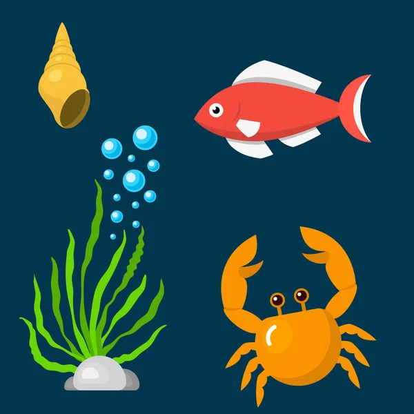 Set acuático animales marinos divertidos criaturas submarinas personajes de dibujos animados concha acuario marino vector ilustración . — Vector de stock