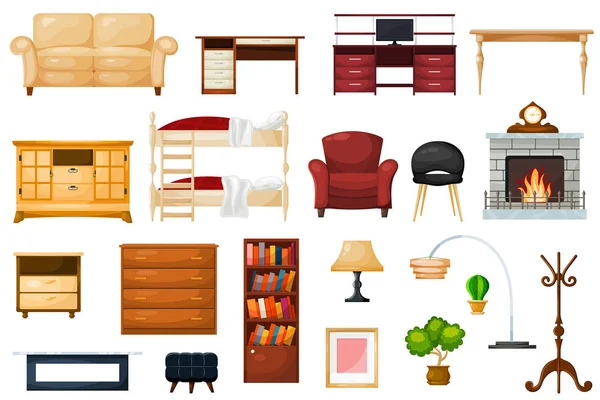 Vector möbler möbeldesign i vardagsrummet och möblerade inredning i lägenhet uppsättning soffbord med lådor att möblera rummet illustration isolerade på vit bakgrund — Stock vektor
