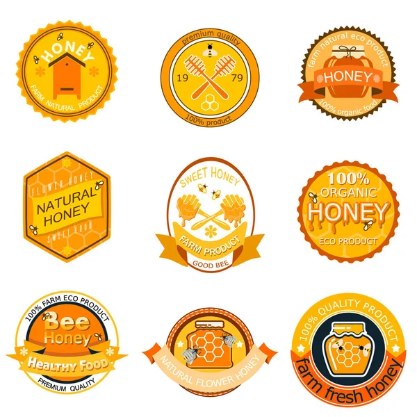 Set bee logo labels for honey products organic farm natural sweet product quality healthy food vector illustration.