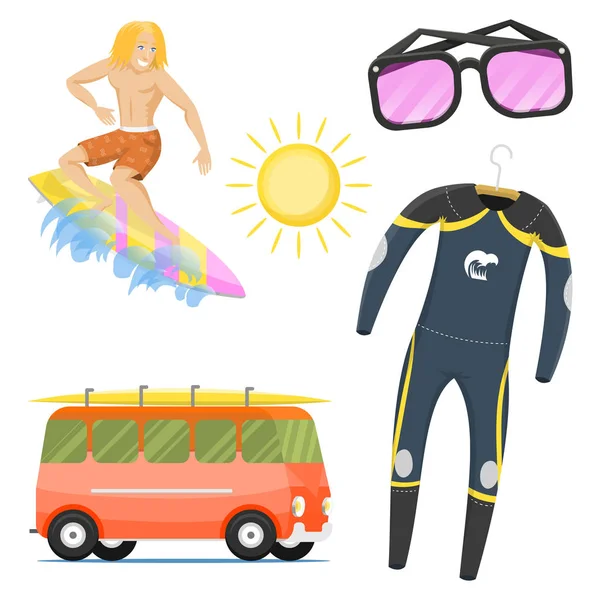Surf esporte aquático ativo surfista horário de verão atividades de praia homem windsurf jet water wakeboarding kitesurf vetor ilustração . — Vetor de Stock