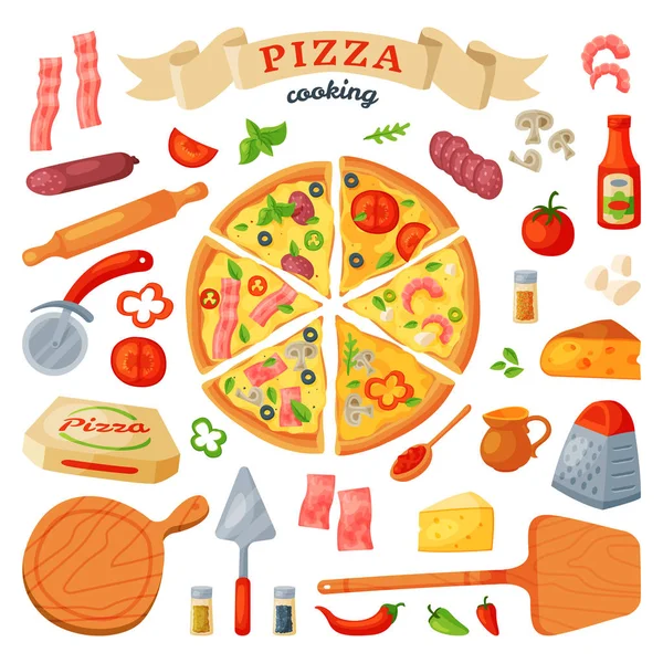 Pizza vector Italiaans eten met kaas en tomaat in pizzeria of pizzahouse afbeelding set met gebakken taart van pizzaoven in Italië geïsoleerd op witte achtergrond — Stockvector