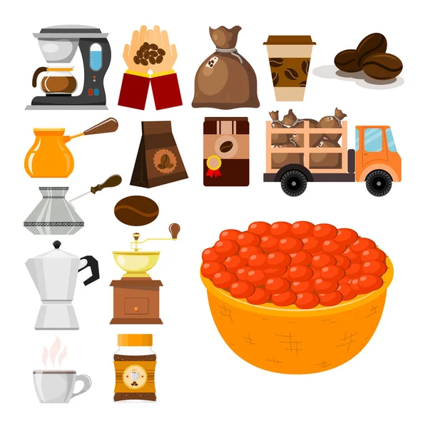 Koffie plantage bonen productie en transport café koffieboon espresso vectorillustratie. — Stockvector