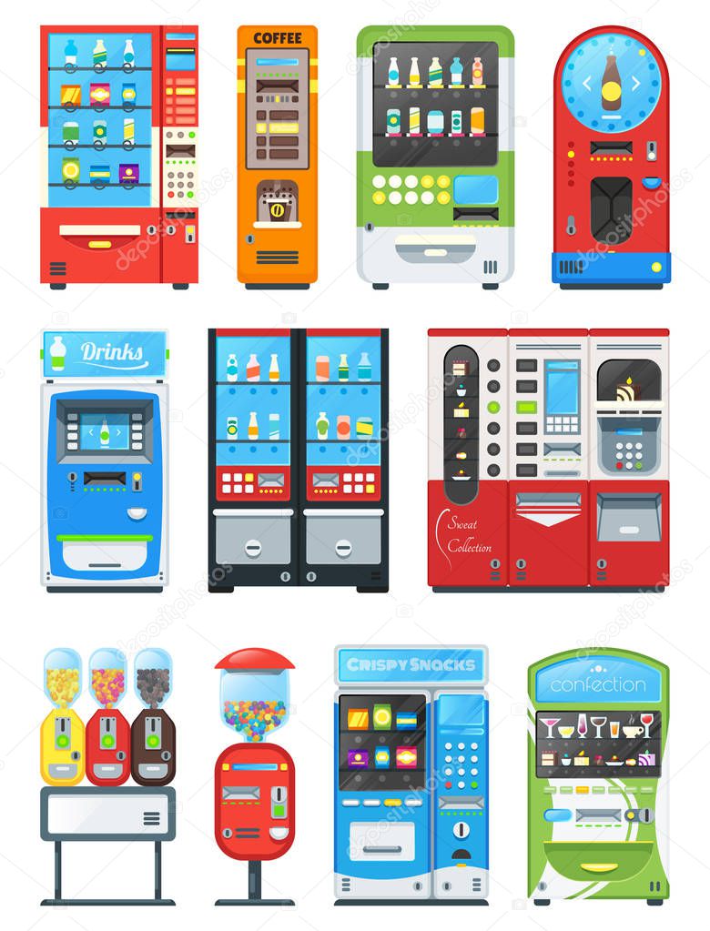 Vending machine vector vend food or beverages with candies and vendor machinery technology to buy snack or drinks illustration set isolated on white background