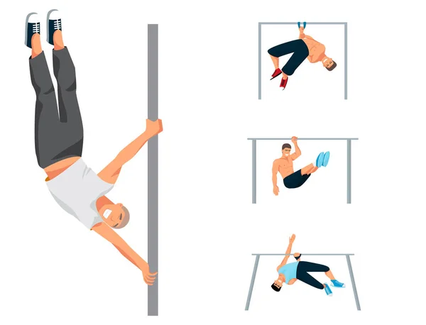 Barra horizontal barbilla-up fuerte atleta hombre gimnasio ejercicio calle entrenamiento trucos muscular fitness deporte tirando de carácter vector ilustración . — Archivo Imágenes Vectoriales