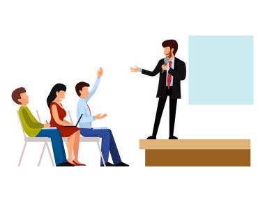 İş adamları grupları tanıtımı için yatırımcılar conferense ekip çalışması karakter röportaj illüstrasyon toplantı vektör.