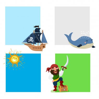 Korsan hazine vektör kartları deniz deniz sembolleri deniz karakteri Kaptan tayfa kılıç takı korsan çizim ile macera.