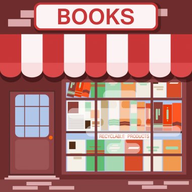 Kentsel dış kitabevi düz stil Merkezi grafik vitrin çizim ile mimari bina cephe vektör arka plan kitap shop.