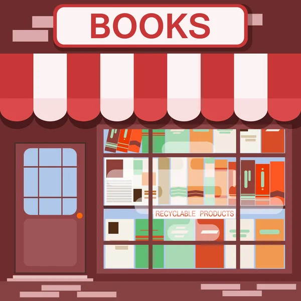 Boeken shop gevel vector achtergrond bouw architectuur met stedelijke exterieur boekhandel vlakke stijl center showcase van de grafische afbeelding. — Stockvector