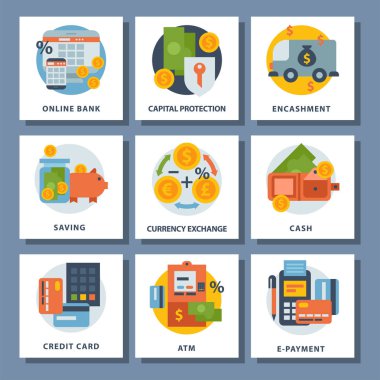 Emanet iş para birimi kartı finansal mevduat banka ödeme illüstrasyon bankacılık para finanse vektör simgeler.