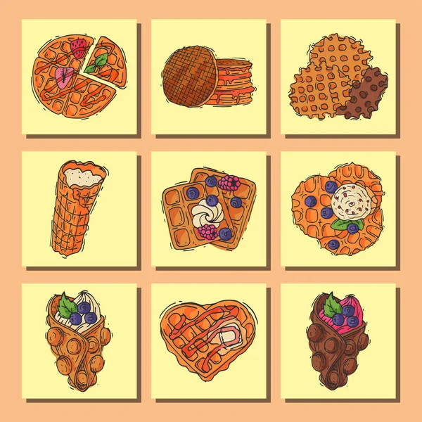 Διαφορετικές wafer μπισκότα βάφλα εικονογράφηση φορέα τροφίμων τραγανό Φούρνος Επιδόρπιο κρέμα νόστιμο σνακ μπισκότο μπισκότο ζαχαροπλαστικής κέικ — Διανυσματικό Αρχείο
