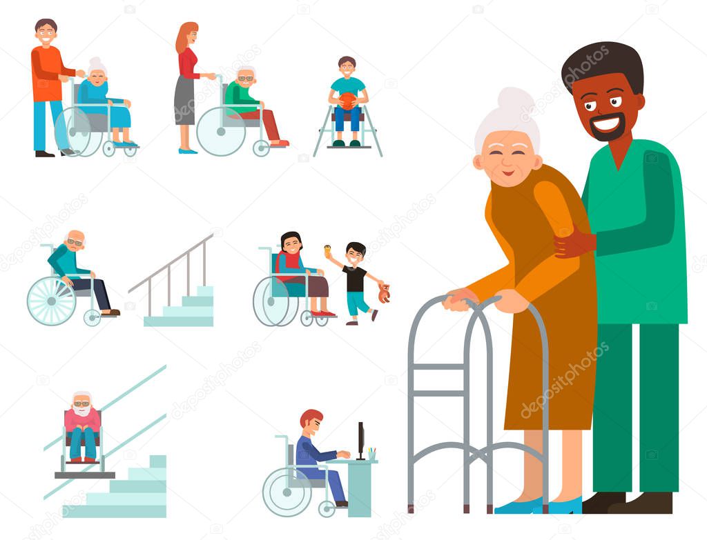 Disabled handicapped diverse people vector wheelchair invalid person help disability characters disable medical assistance illustration.