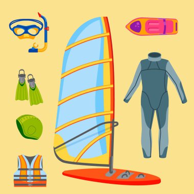 Eğlenceli su aşırı spor kiteboarding sörfçü eğlence deniz etkinliği yaz rekreasyon aşırı vektör çizim yelken.