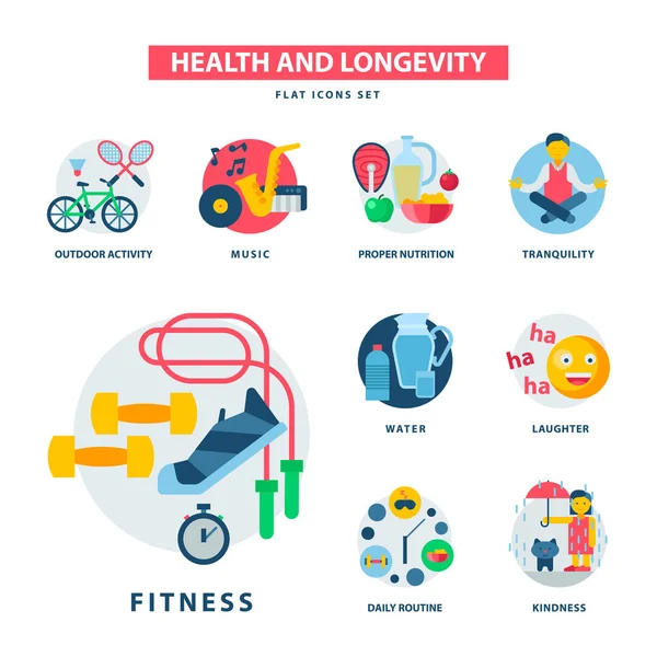 Gesundheit und Langlebigkeit Symbole moderne Aktivität Haltbarkeit Vektor natürliches gesundes Leben Produkt Lebensmittel Ernährung Illustration — Stockvektor