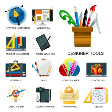 Yaratıcılık simgeler hayal illüstrasyon soyut renkli düz yaratıcı süreç tasarım geliştirme öğelerine vektör.