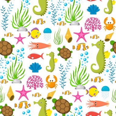 Su komik deniz hayvanlar sualtı canlıları çizgi film karakterleri kabuk akvaryum sealife Dikişsiz desen arka plan vektör çizim.
