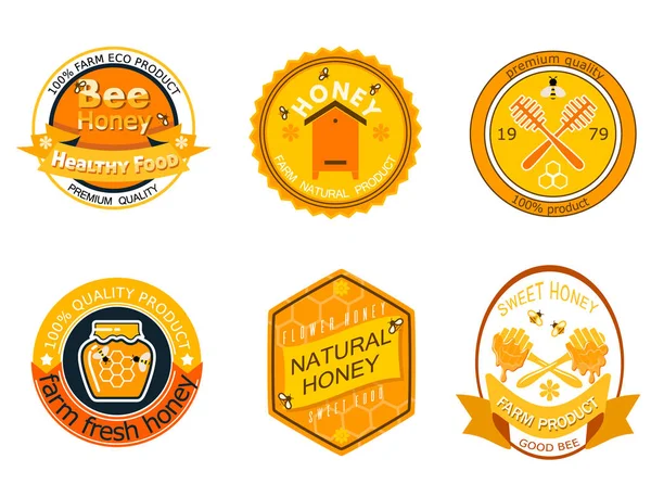 Establecer etiquetas de logotipo de abeja para productos de miel granja ecológica producto dulce natural calidad alimentos saludables vector ilustración . — Vector de stock