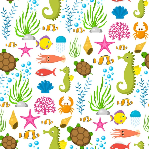 文字シェル水族館シーライフのシームレスなパターン背景ベクトル イラスト漫画の面白い海の水生動物の水中の生き物. — ストックベクタ