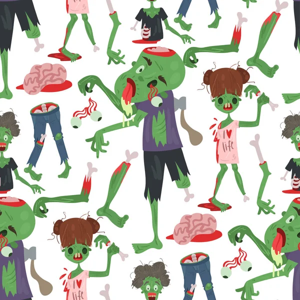 Dibujos animados de terror zombie colorido halloween gente mágica cuerpo verde carácter sin costuras patrón fondo parte monstruos vector ilustración . — Vector de stock