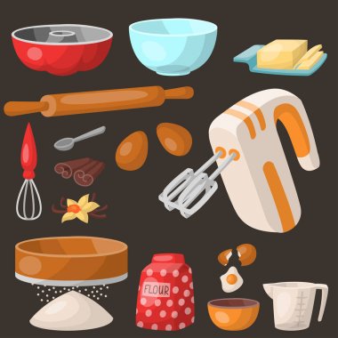 Pasta pişirme, mutfak malzemeleri mutfak aletleri ev yapımı yiyecek hazırlama baker vektör çizim hazırlamak.