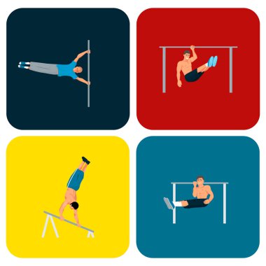Kas fitness spor karakter vektör çizim çekerek yatay yapamadın güçlü atlet adam jimnastik salonu egzersiz sokak iş bar tricks.