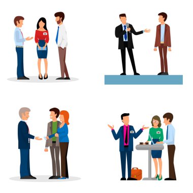 Business people vector groups presentation to investors conferense teamwork meeting characters interview illustration. clipart