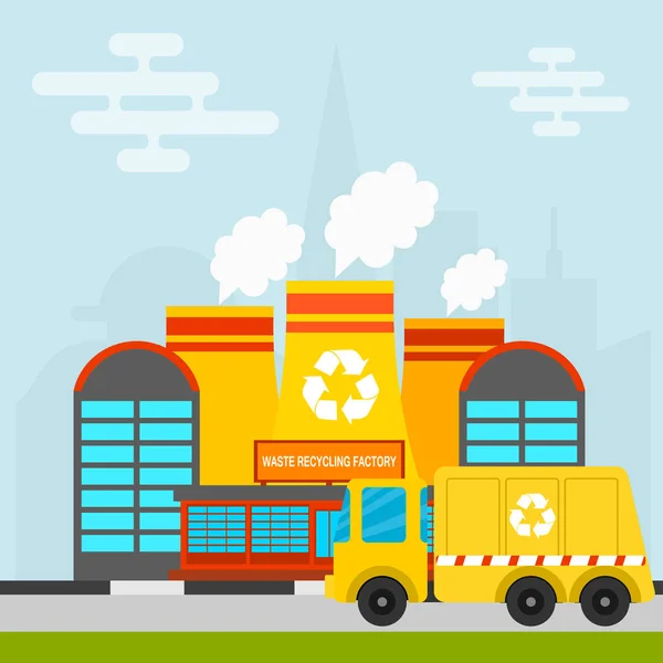 Reciclagem de resíduos vetor processo de lixo caminhão de fábrica trouxe indústria de processamento processado fabricação ilustração de produção . —  Vetores de Stock