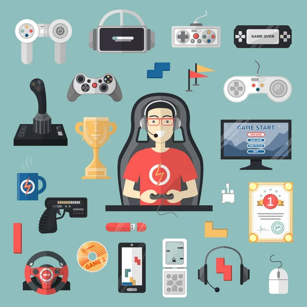 Gamepad vector gamer spelen gameplay en speler karakter gaming videogame met joystick of game-console illustratie reeks spel gadgets geïsoleerd op achtergrond — Stockvector