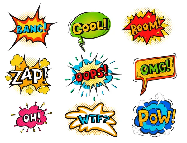 Popart komische toespraak bubble boom effecten vector explosie bang mededeling wolk fun humor boekillustratie splash. — Stockvector