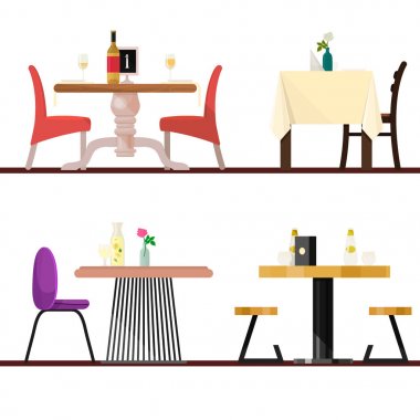 Mobilya masa ve sandalye romantik öğle yemeği akşam yemeği için yemek restoran ayarı vektör tablolarda Cafe kafeterya illüstrasyon izole beyaz arka plan üzerinde Tarih