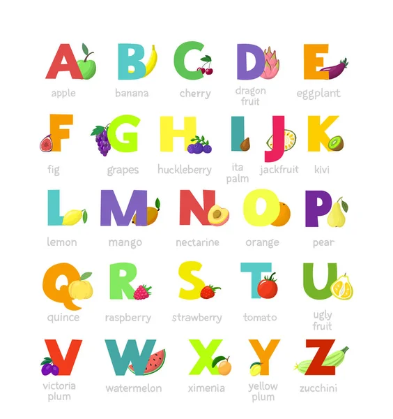 Fruit alfabet vector alfabetische groenten lettertype en fruitige appel banaan brief illustratie alfabetisch set van abc tekst met tomaat van watermeloen en aardbei geïsoleerd op witte achtergrond — Stockvector