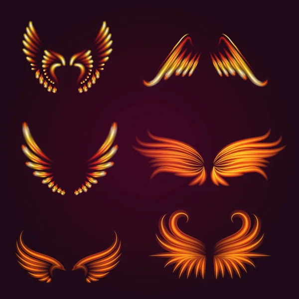 Bird fire wings vector fantasia pena queimando mosca místico brilho fogo queimar quente arte asas ilustração no preto . — Vetor de Stock