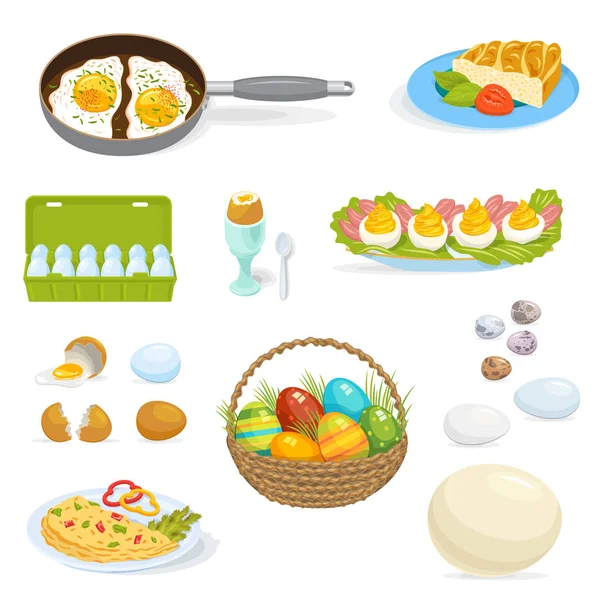 Huevos vector comida saludable para el desayuno tortilla con clara de huevo y huevo en la cáscara de huevo ingredientes ilustración conjunto de huevo en forma de símbolo de Pascua aislado sobre fondo blanco — Vector de stock