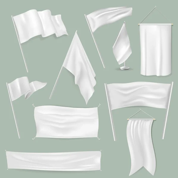 Flaggenvektor weiße Flagge blank auf Fahnenmast und Flaggensymbol Illustration Satz von Werbefahnen für Werbung isoliert auf dem Hintergrund — Stockvektor