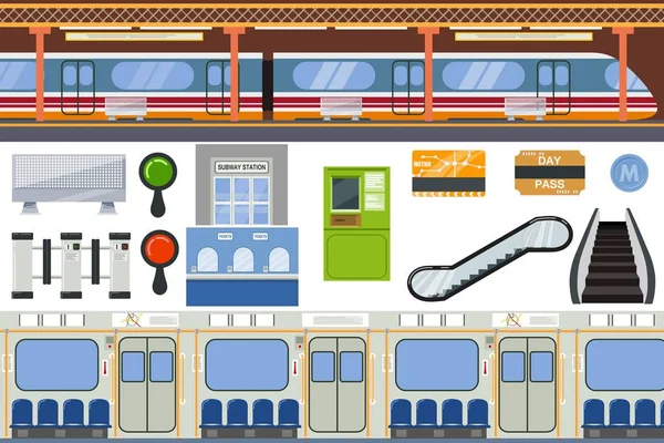 Métro vecteur de métro ou métro et les transports publics urbains dans le métro illustration ensemble de station à l'intérieur des transports souterrains — Image vectorielle