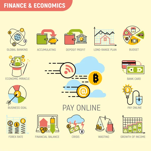 Banca dinero servicios financieros conjunto signo de crédito desarrollo financiación acumulación banco gestión de inversiones vector ilustración . — Archivo Imágenes Vectoriales