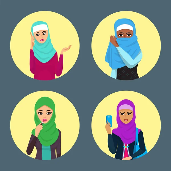 Arabische vrouw volwassen teken Arabische Azië nationaliteit islamitische meisje gezicht in hijab vectorillustratie — Stockvector