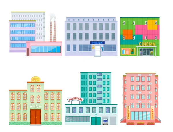 Edificios públicos de la ciudad casas de diseño plano oficina arquitectura moderna calle apartamento vector ilustración . — Vector de stock