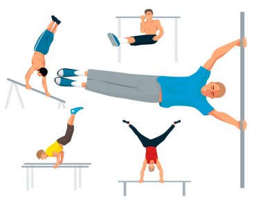 Kas fitness spor karakter vektör çizim çekerek yatay yapamadın güçlü atlet adam jimnastik salonu egzersiz sokak iş bar tricks.
